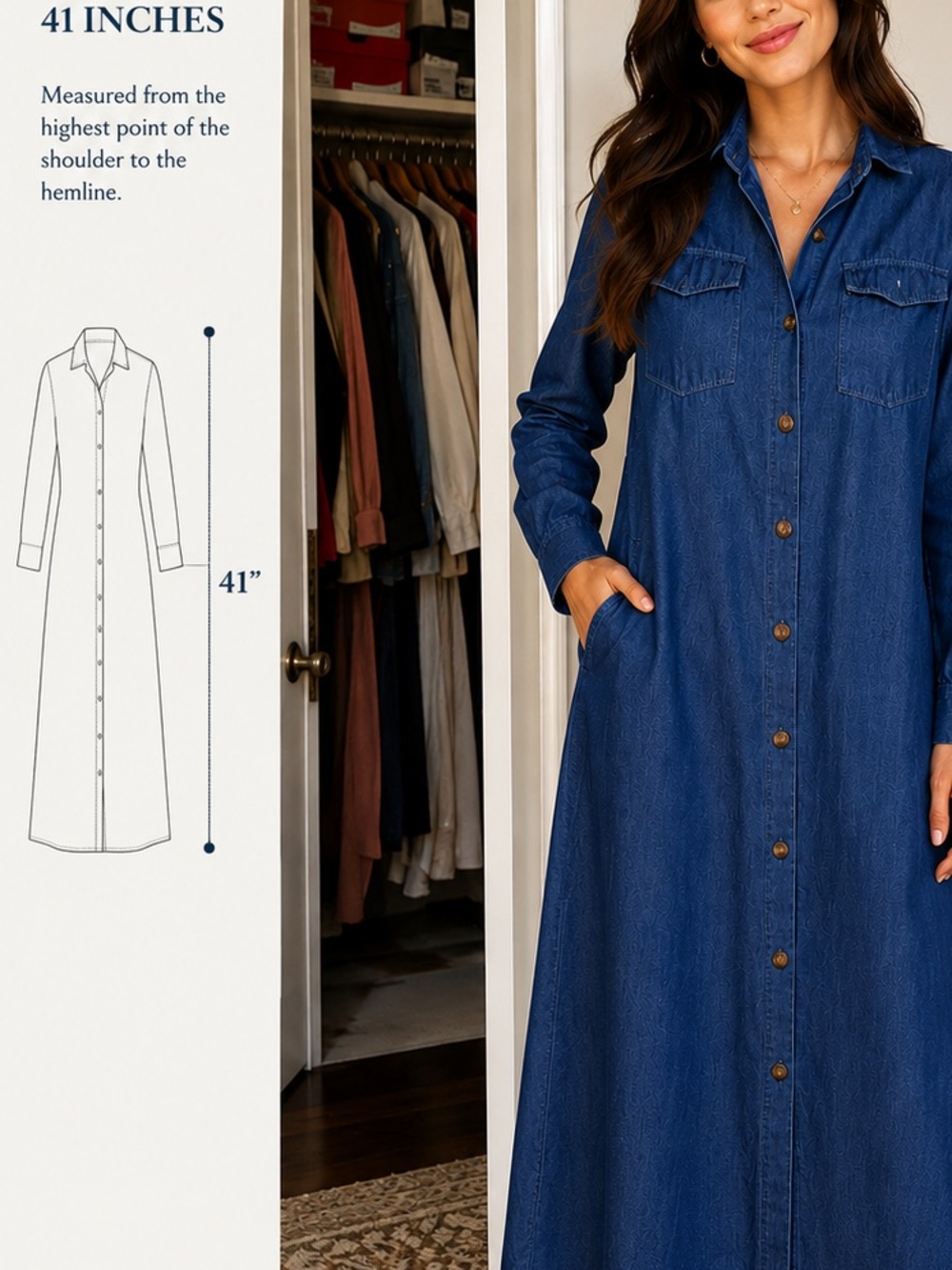 Denim Shirt Maxi Dress in Dark Blue